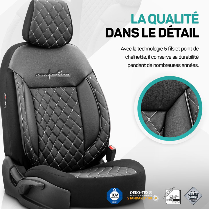 Housse de siège auto  universelle  Carbon noir coutures blanches