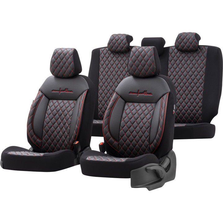 Housse de siège auto simili-cuir noir et coutures rouge
