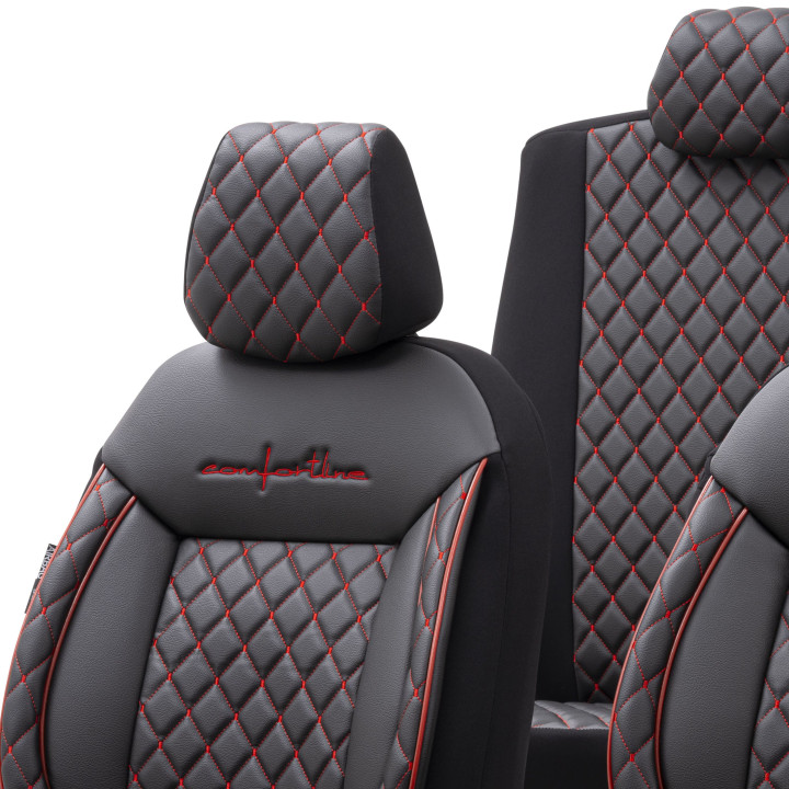 Housse de siège auto simili-cuir noir et coutures rouge