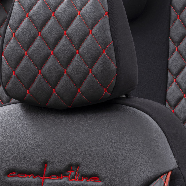 Housse de siège auto simili-cuir noir et coutures rouge