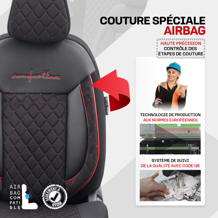 Housse de siège auto simili-cuir noir et coutures rouge